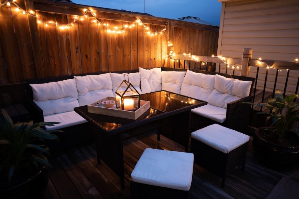 Beautiful design of terrace lounge decorated with lights